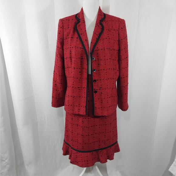 LE SUIT! TWEEDY RED, BLACK, WHITE PLAID RUFFLED SKIRT 2 PC SUIT SET! SZ 14P - Picture 3 of 12